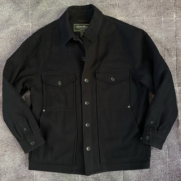 Men's Eddie Bauer Black Wool Blend Quilted Button Up Heavy Pea Coat Jacket Sz XL - Picture 1 of 4